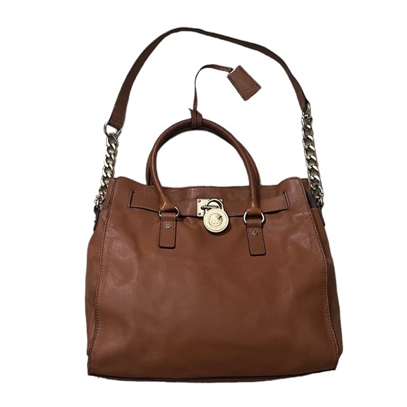 Michael Kors Hamilton Satchel. Cognac leather with gold accents. - Picture 2 of 6